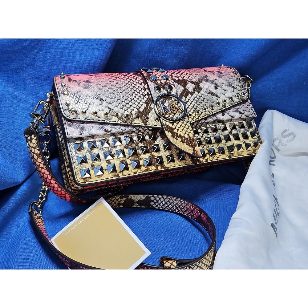 Michael Kors Greenwich Dahlia Studded Snakeskin Purse Ombre Convertible Leather